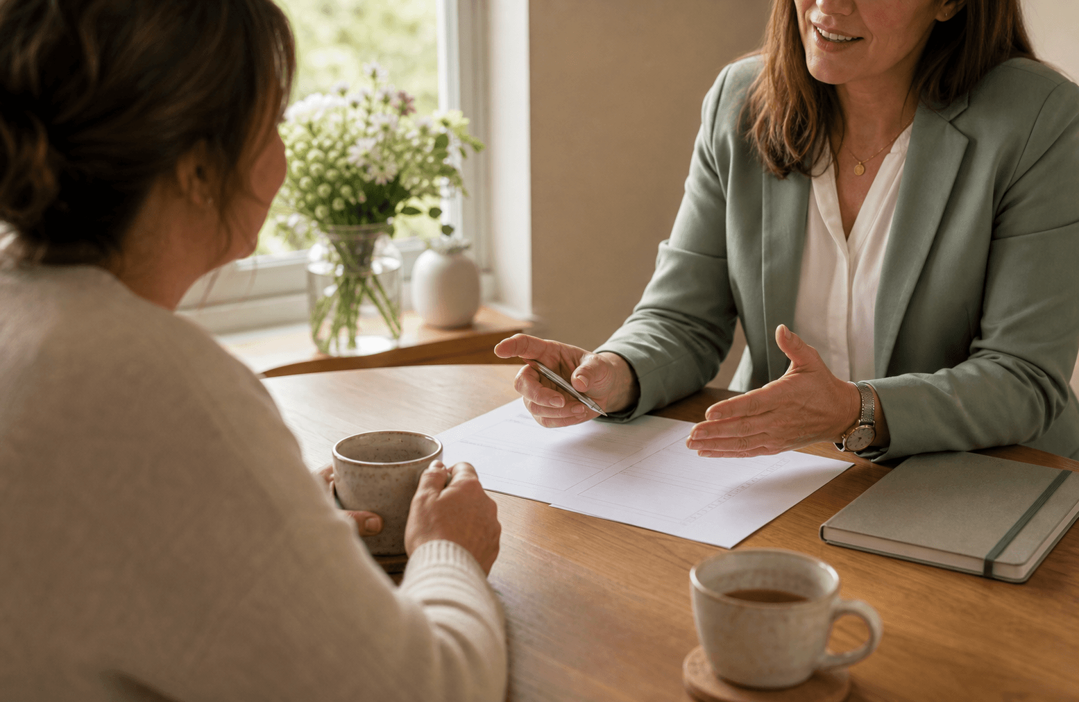 A care manager discussing a consultation at a home table