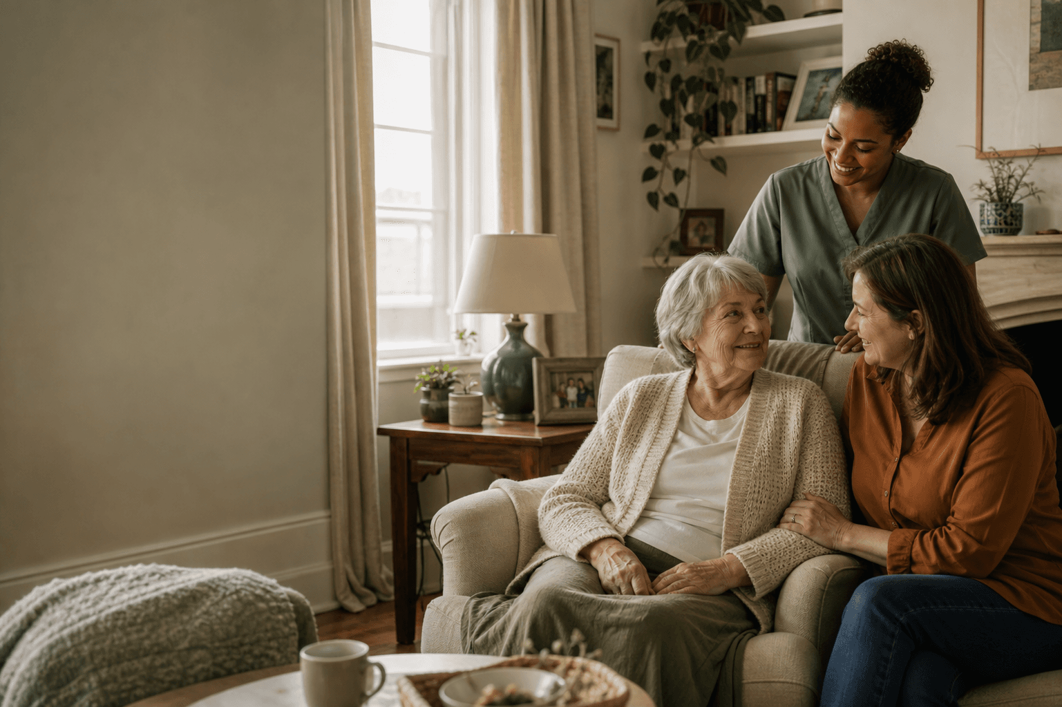 A carer speaking warmly with an older woman and her family member at home