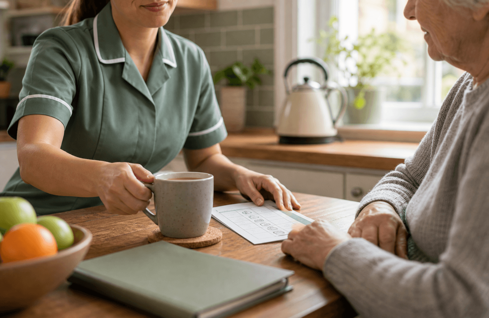 A carer supporting an older person with a warm home routine